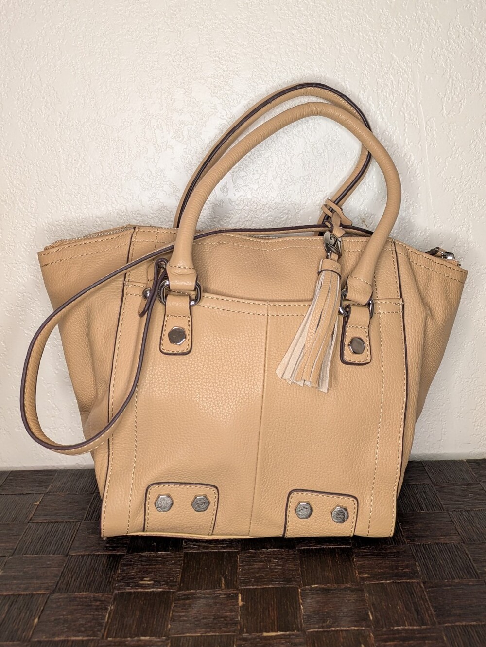Tignanello Pebbled Leather Satchel/Handag with Tassel Tan